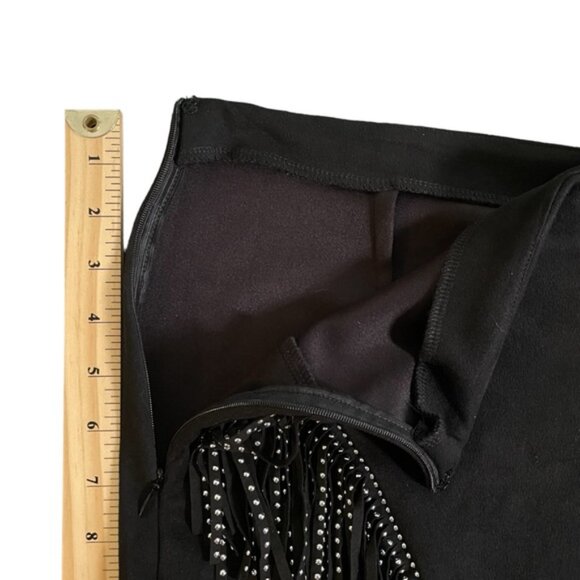Black Faux Suede Western Mini Skirt Metallic Beaded Fringe Cowgirl Rocker Sz L - Picture 9 of 12
